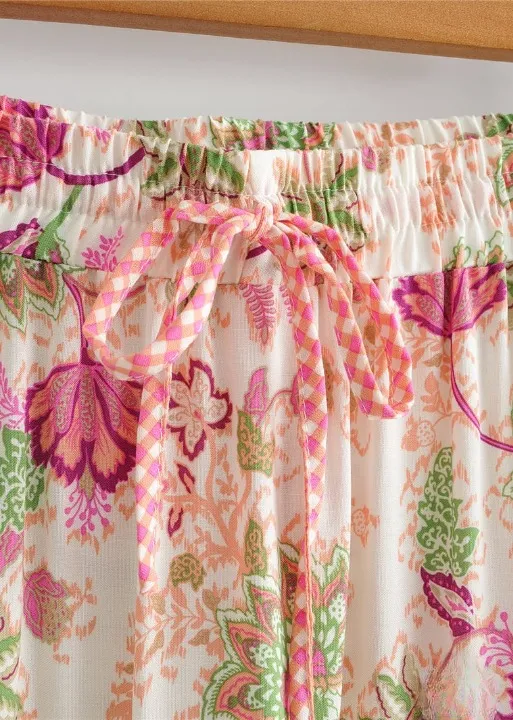 Boho white maxi Skirt ruffled pink floral pattern sold by Boho Mood product image thumbnail 5