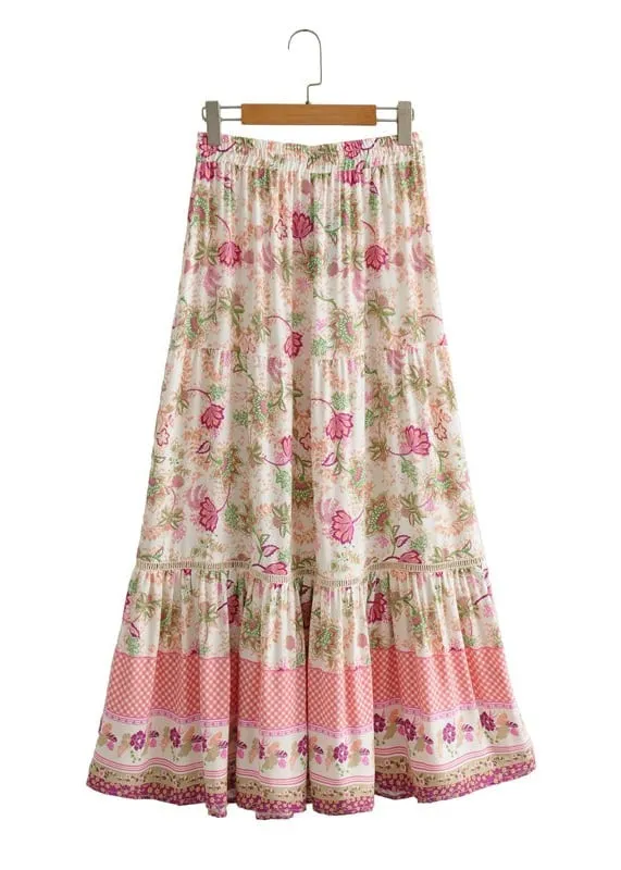 Boho white maxi Skirt ruffled pink floral pattern sold by Boho Mood product image thumbnail 2