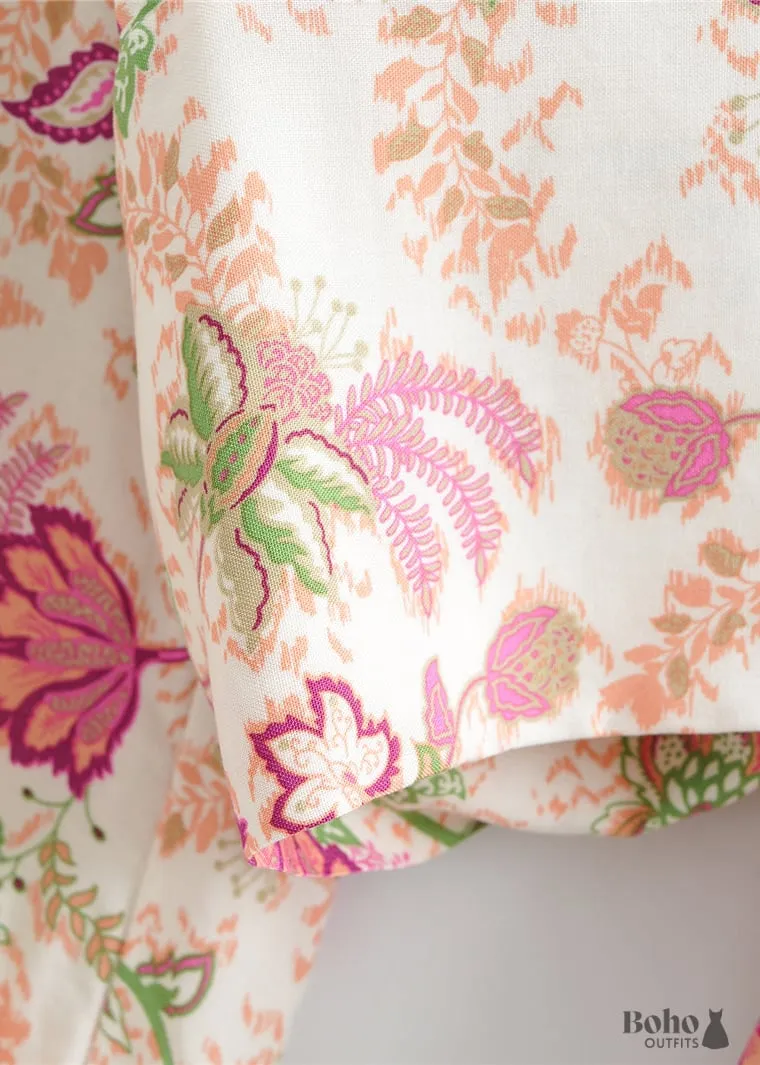 Boho white maxi Skirt ruffled pink floral pattern sold by Boho Mood product image thumbnail 4