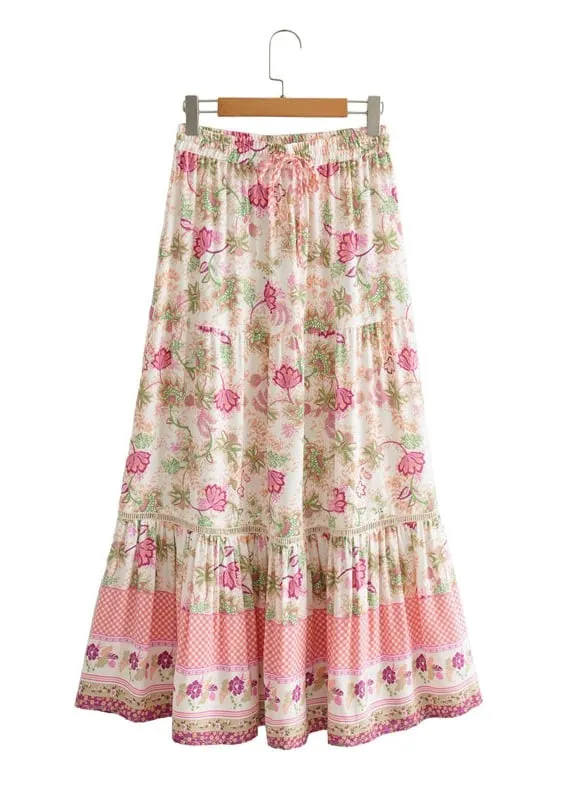 Boho white maxi Skirt ruffled pink floral pattern sold by Boho Mood