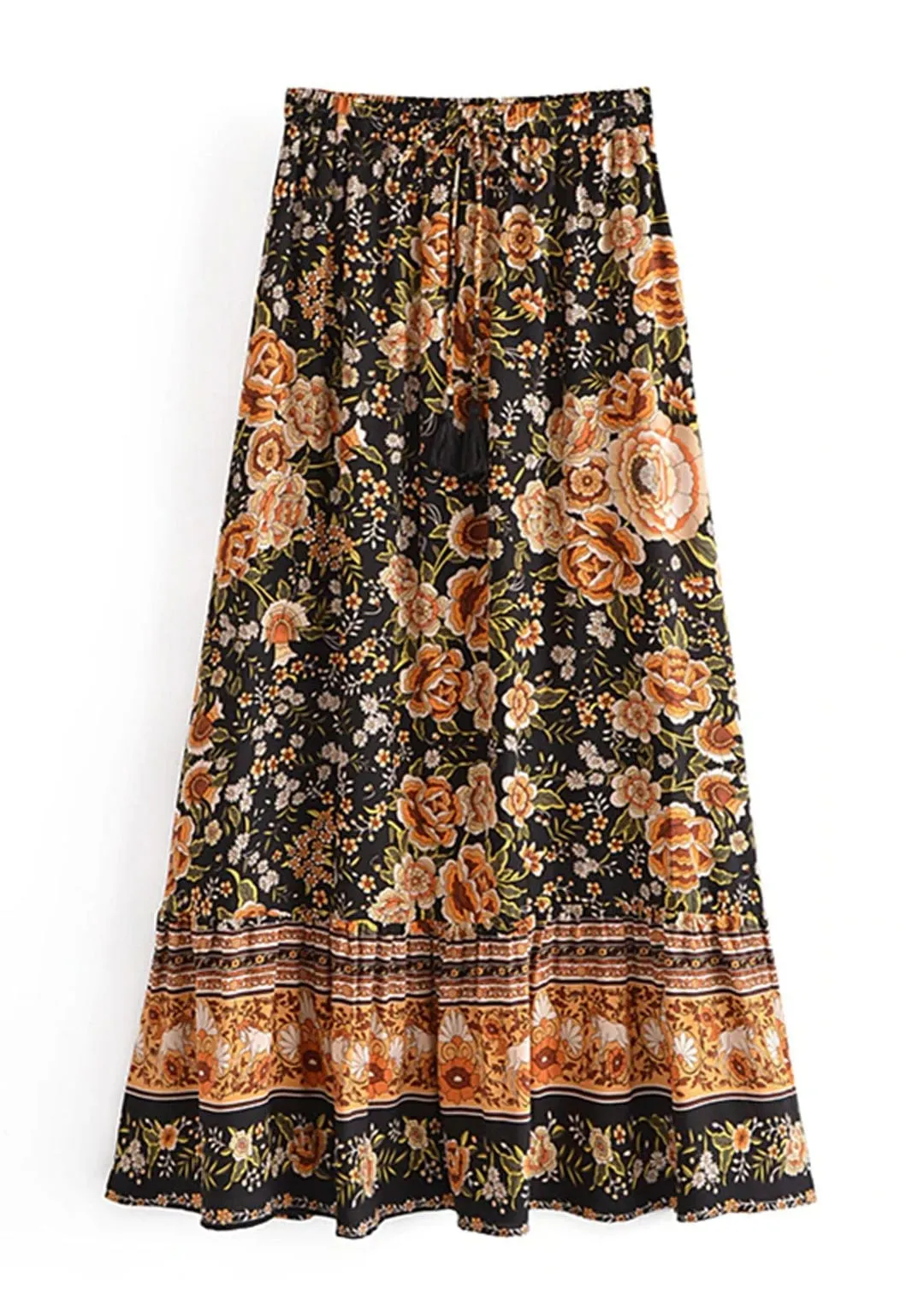 Black Boho maxi Skirt with orange floral pattern sold by Boho Mood