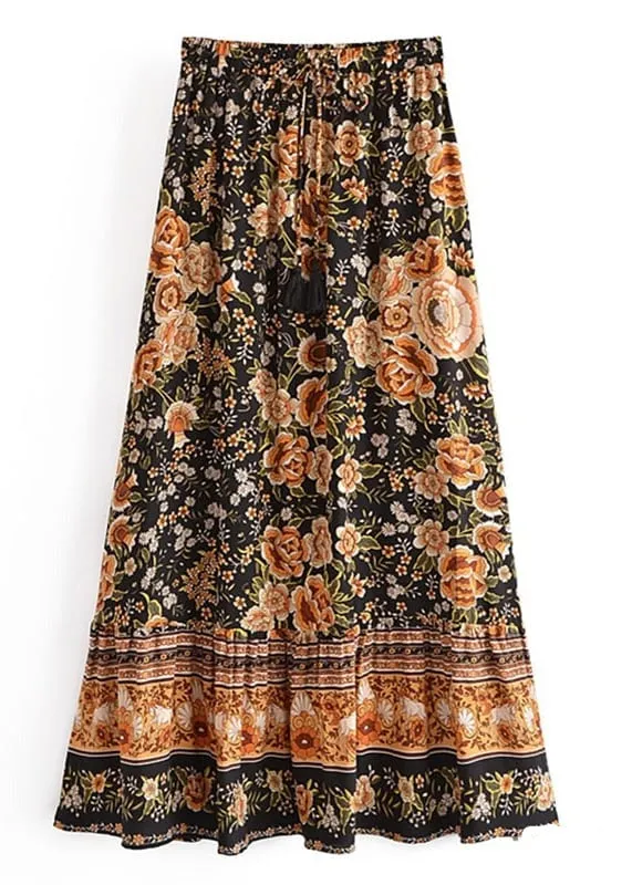 Black Boho maxi Skirt with orange floral pattern sold by Boho Mood product image thumbnail 2