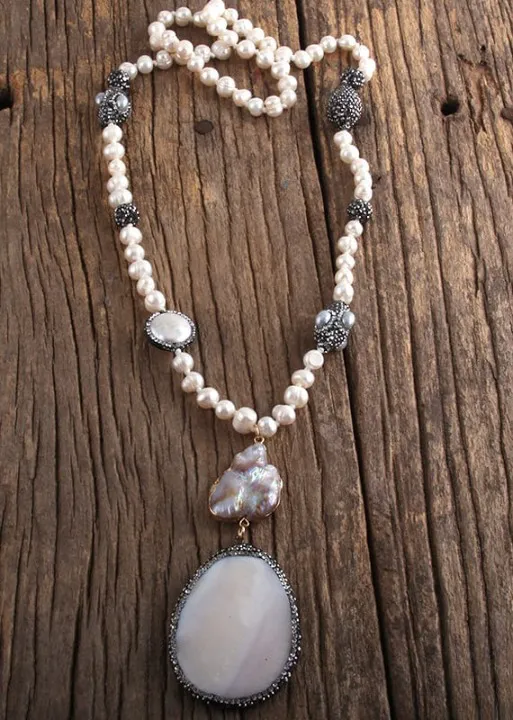 White Boho Pearl Necklace Crystal Pendant sold by Boho Mood product image thumbnail 3