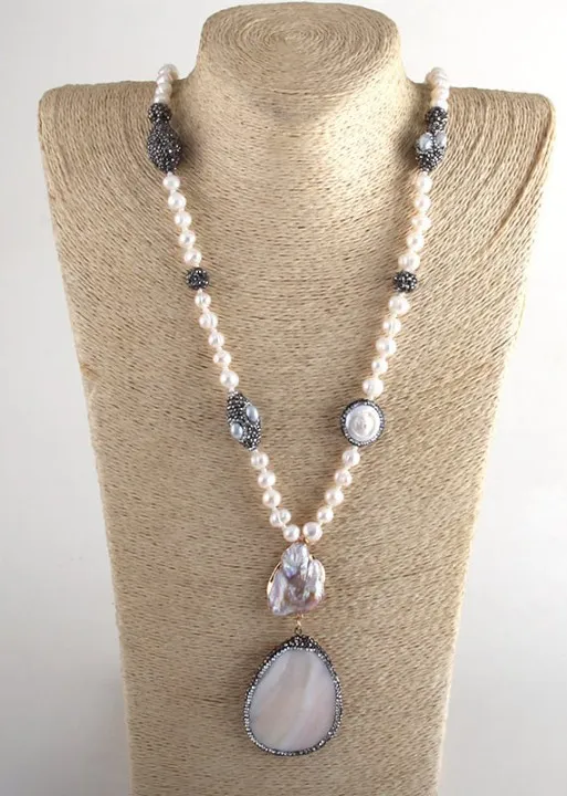 White Boho Pearl Necklace Crystal Pendant sold by Boho Mood