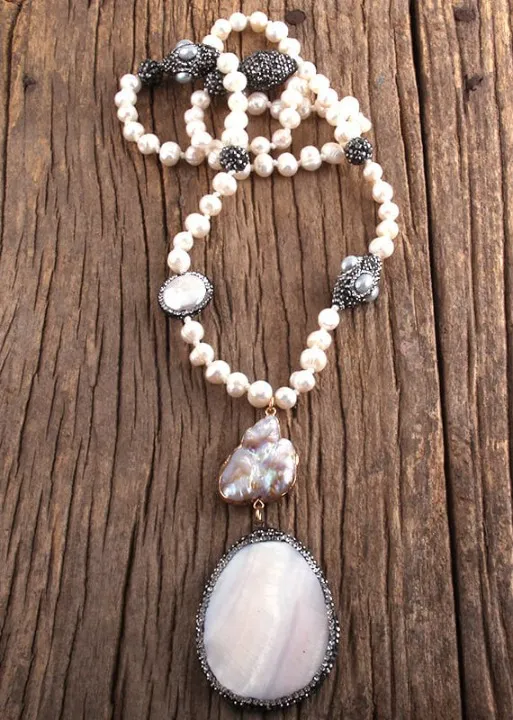 White Boho Pearl Necklace Crystal Pendant sold by Boho Mood product image thumbnail 4