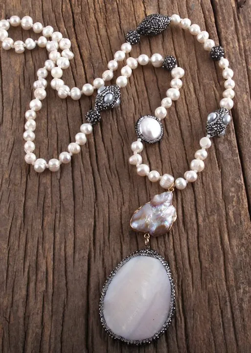 White Boho Pearl Necklace Crystal Pendant sold by Boho Mood product image thumbnail 2