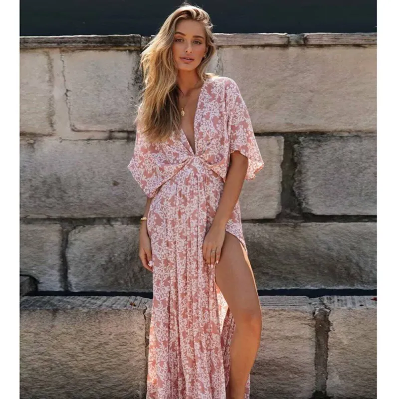 Long Boho Dress with Floral Print in Dusky Pink sold by Boho Mood