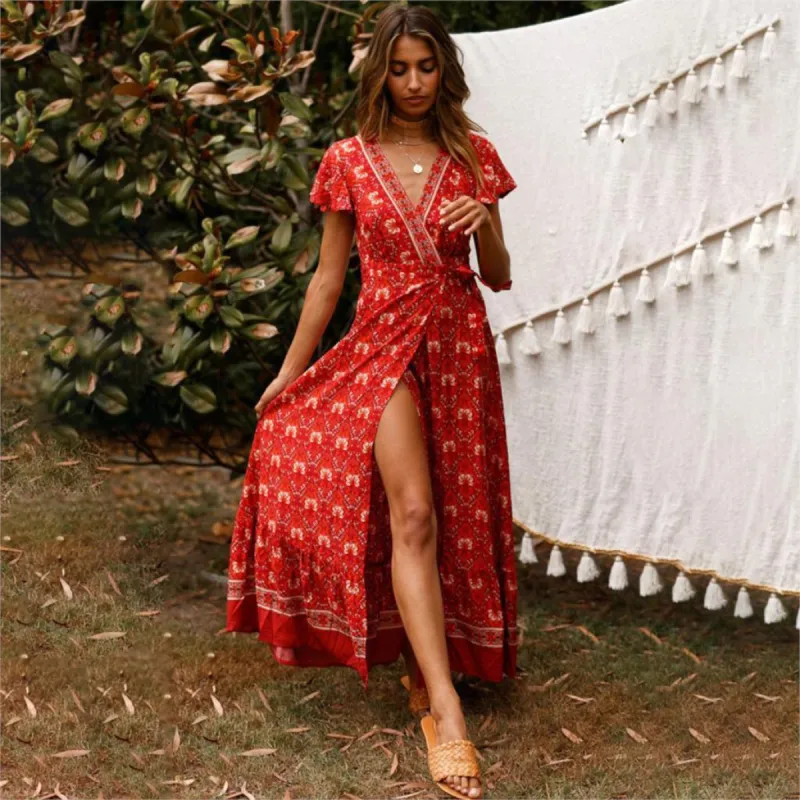 Maxi Boho Red Slit Dress sold by Boho Mood