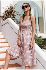 Boho Midi Dress with White Polka dots in Pink sold by Boho Mood