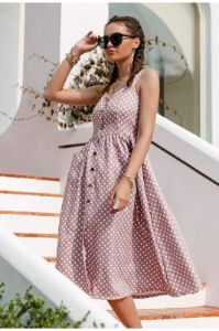 Boho Midi Dress with White Polka dots in Pink sold by Boho Mood