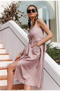 Boho Midi Dress with White Polka dots in Pink sold by Boho Mood
