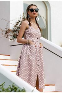 Boho Midi Dress with White Polka dots in Pink sold by Boho Mood
