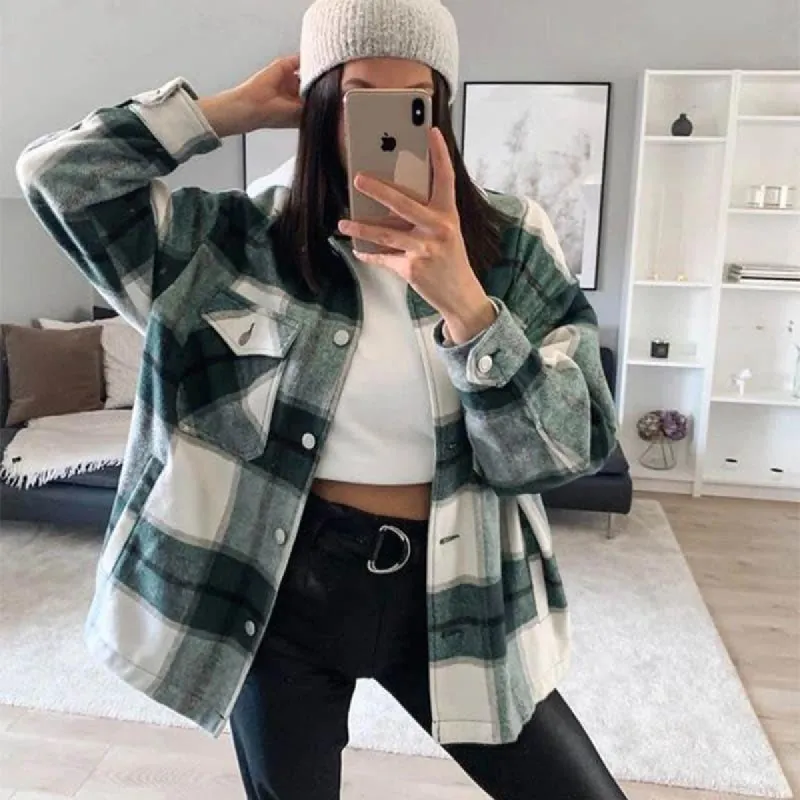Boho Checked Shirt Jacket in White / Green sold by Boho Mood