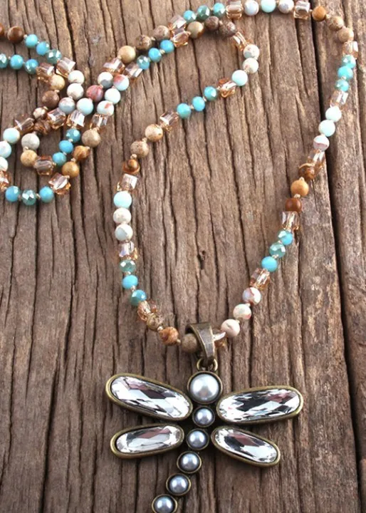 Boho Beaded Necklace - Dragonfly Blue Pendant sold by Boho Mood product image thumbnail 2