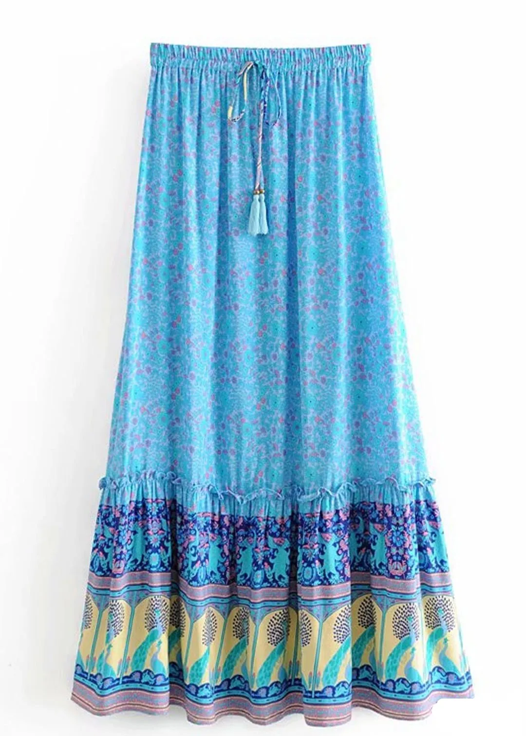 Boho maxi Skirt in Blue Peacock floral patterned sold by Boho Mood