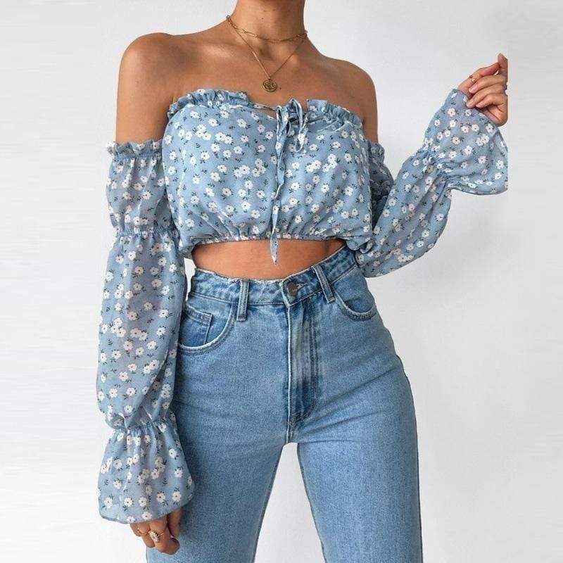 Boho Floral Crop Top in Pastel Blue sold by Boho Mood product image thumbnail 4
