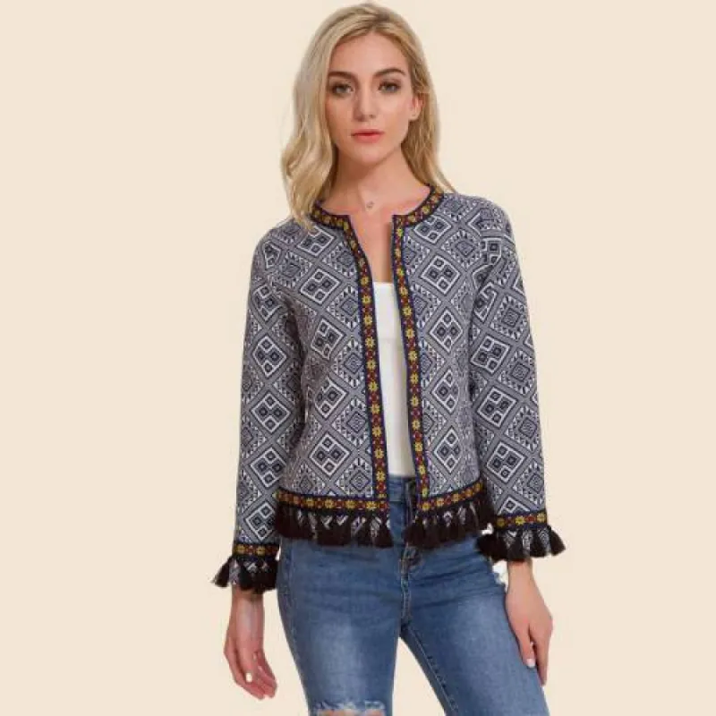 Boho Jacket with Geometric Print and Pompoms sold by Boho Mood