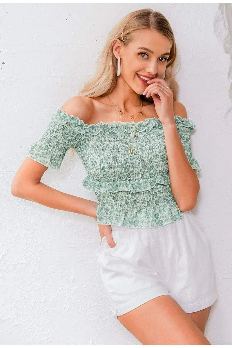 Boho Crop Top with Green Flowers sold by Boho Mood