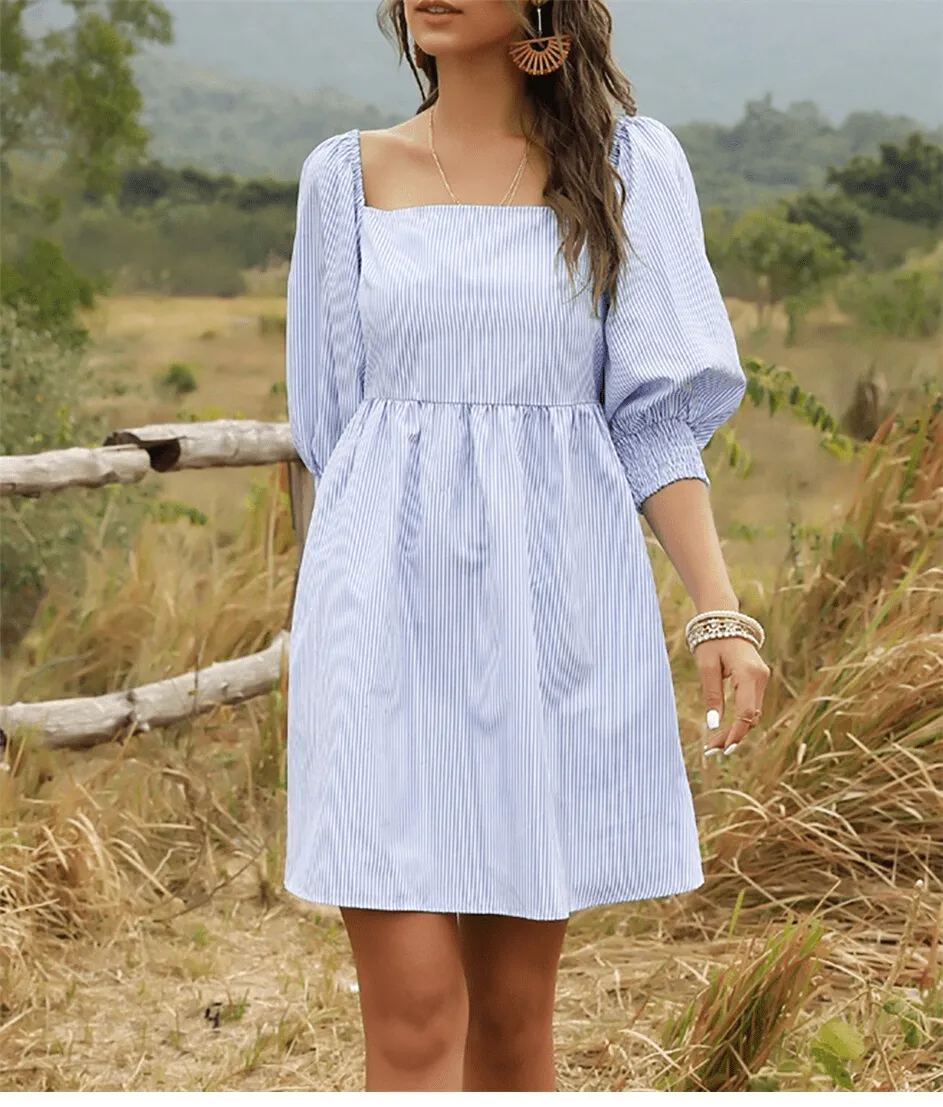 Mini Bohemian Dress with Blue and White Stripes sold by Boho Mood product image thumbnail 3