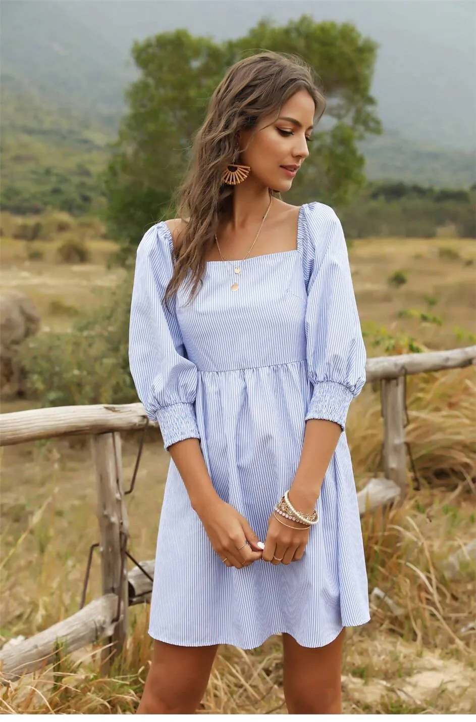 Mini Bohemian Dress with Blue and White Stripes sold by Boho Mood