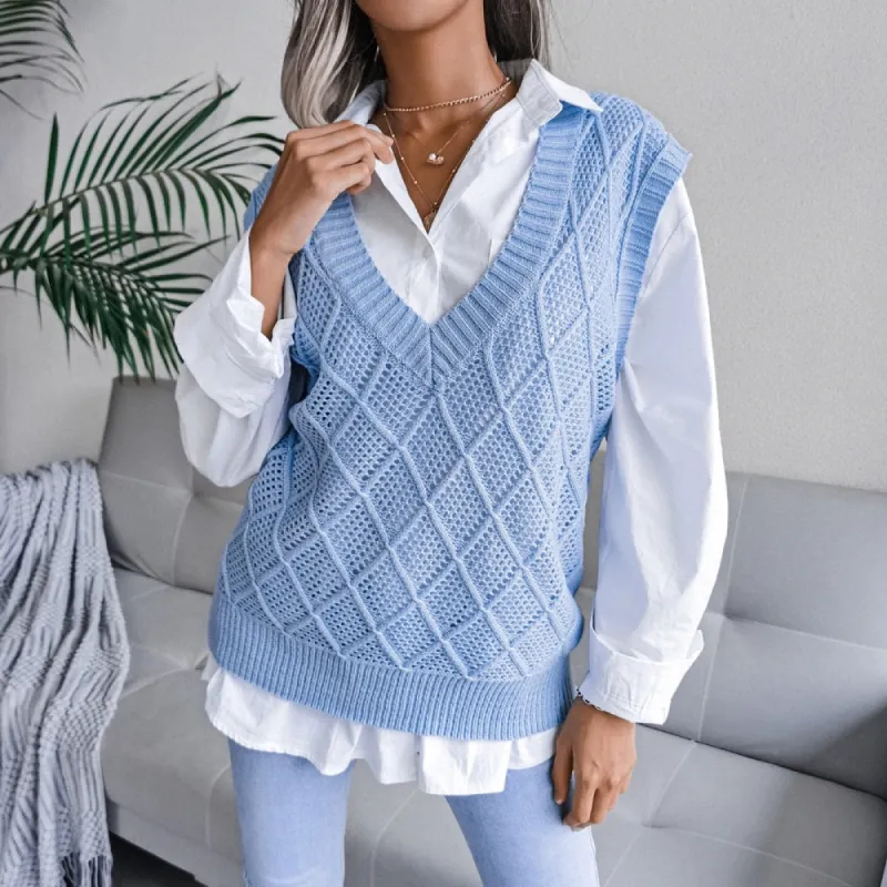 Blue Boho V-neck Sleeveless Knit Sweater sold by Boho Mood