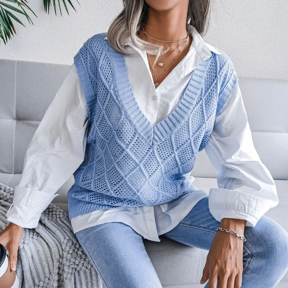 Blue Boho V-neck Sleeveless Knit Sweater sold by Boho Mood product image thumbnail 2