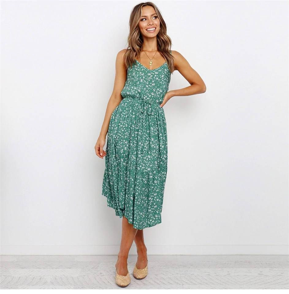 Bohemian Midi Dress in Green with Floral Print sold by Boho Mood