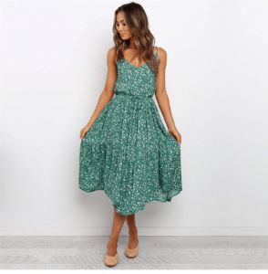 Bohemian Midi Dress in Green with Floral Print sold by Boho Mood