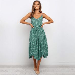 Bohemian Midi Dress in Green with Floral Print sold by Boho Mood