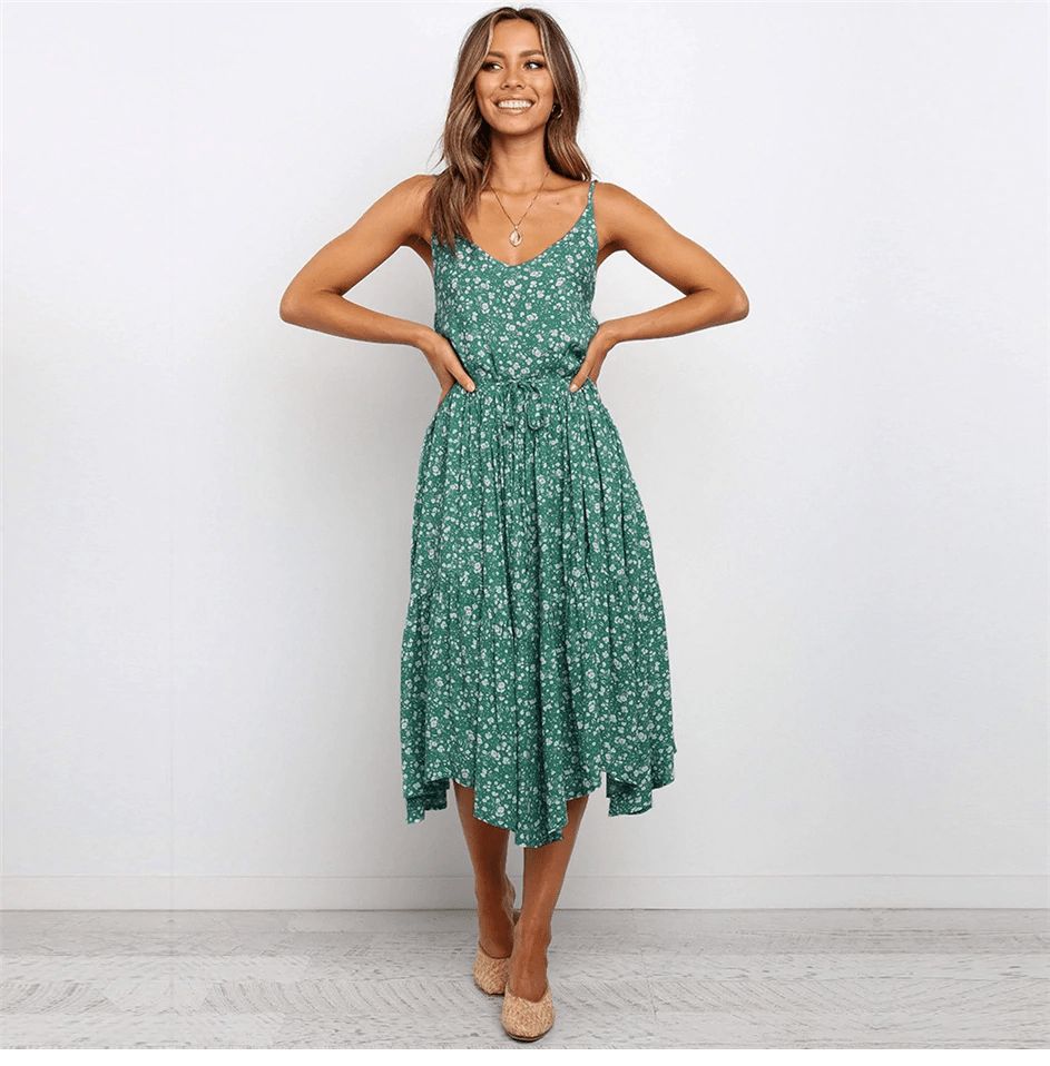 Bohemian Midi Dress in Green with Floral Print sold by Boho Mood product image thumbnail 2