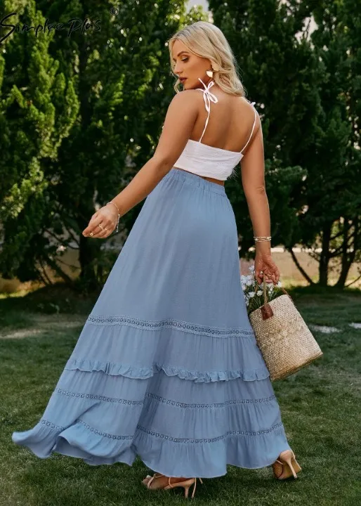 Boho flared long skirt blue with embroidered patterns, pompom cord sold by Boho Mood