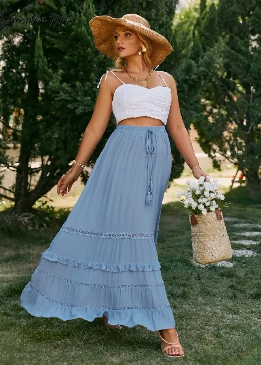 Boho flared long skirt blue with embroidered patterns, pompom cord sold by Boho Mood product image thumbnail 4