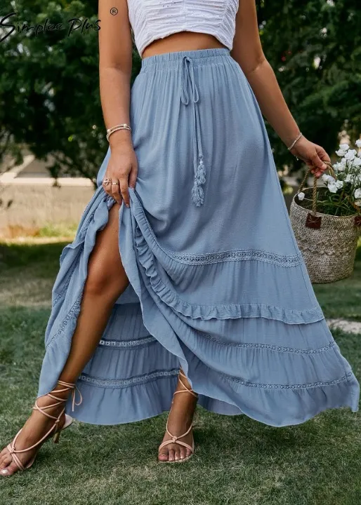 Boho flared long skirt blue with embroidered patterns, pompom cord sold by Boho Mood product image thumbnail 5