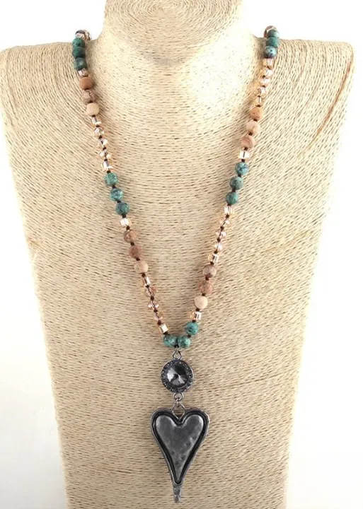 Boho Beaded Necklace - Heart Pendant Natural Stone sold by Boho Mood