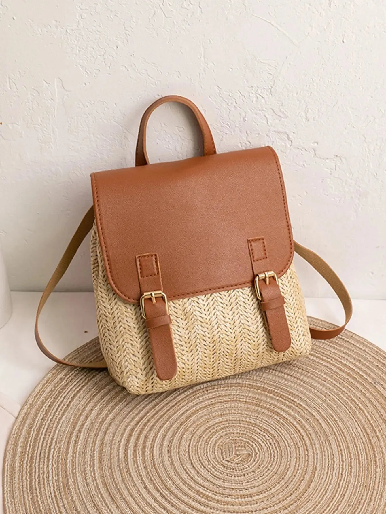 Leather and Straw Boho Backpack sold by Boho Mood
