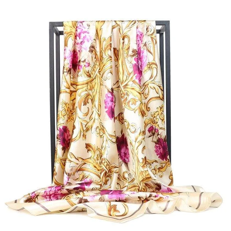 White Boho Vintage Scarf floral print purple and golden sold by Boho Mood