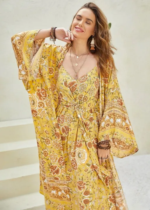 Long Cosmo Boho Kimono Yellow Floral sold by Boho Mood product image thumbnail 5