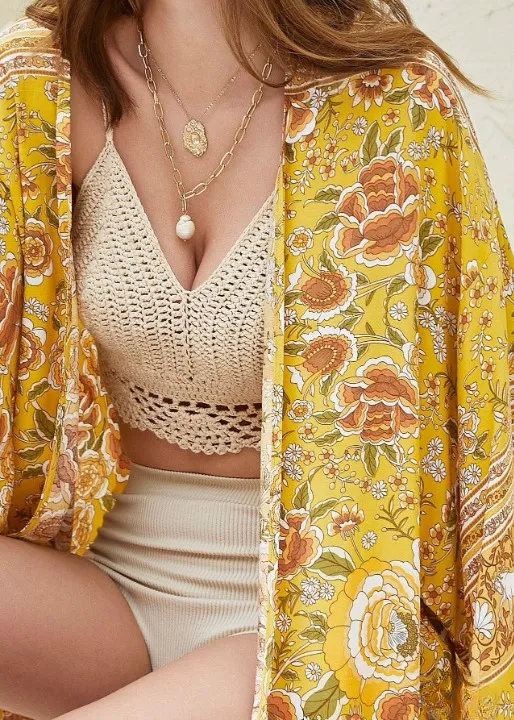 Long Cosmo Boho Kimono Yellow Floral sold by Boho Mood product image thumbnail 3