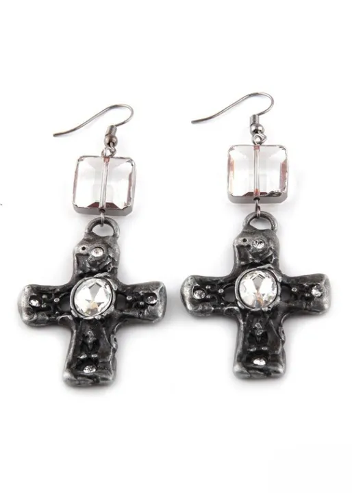 Boho Dangle Earrings - Silver Metal Cross sold by Boho Mood