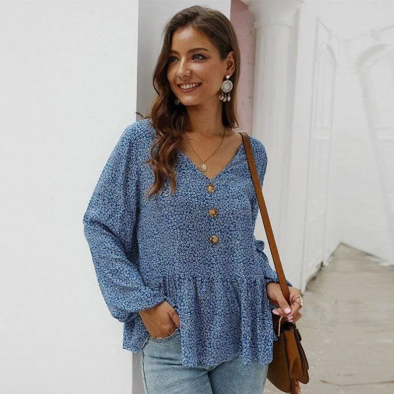 Boho Blue Floral Pleated Blouse sold by Boho Mood