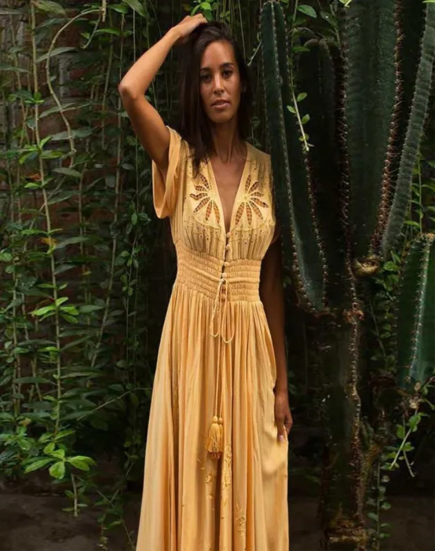 Maxi Long Bohemian Split Dress in Yellow sold by Boho Mood