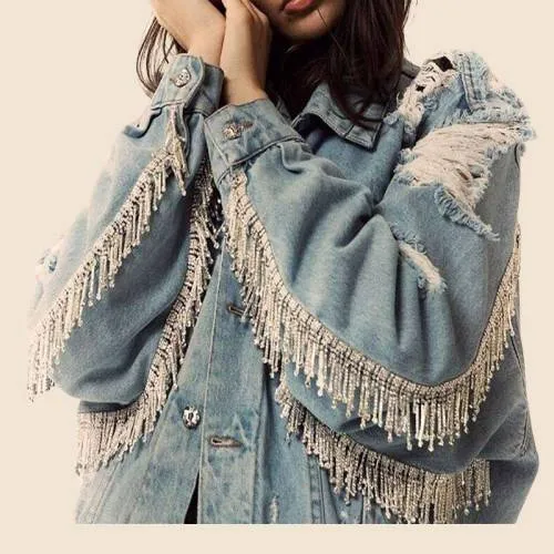 Boho Denim Torn Jacket with Rhinestones sold by Boho Mood