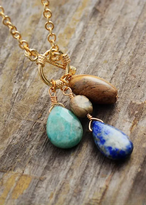Gold Boho Necklace - Amazonite and Lapis Pendant sold by Boho Mood