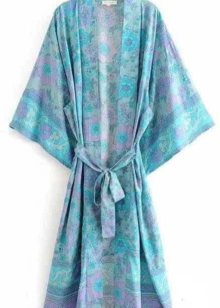 Long Boho Kimono for women Blue Floral sold by Boho Mood