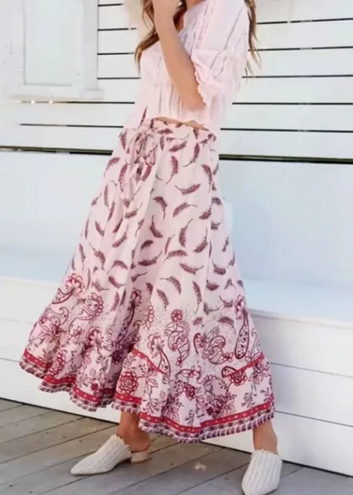 White boho maxi skirt with pink feathers sold by Boho Mood product image thumbnail 3