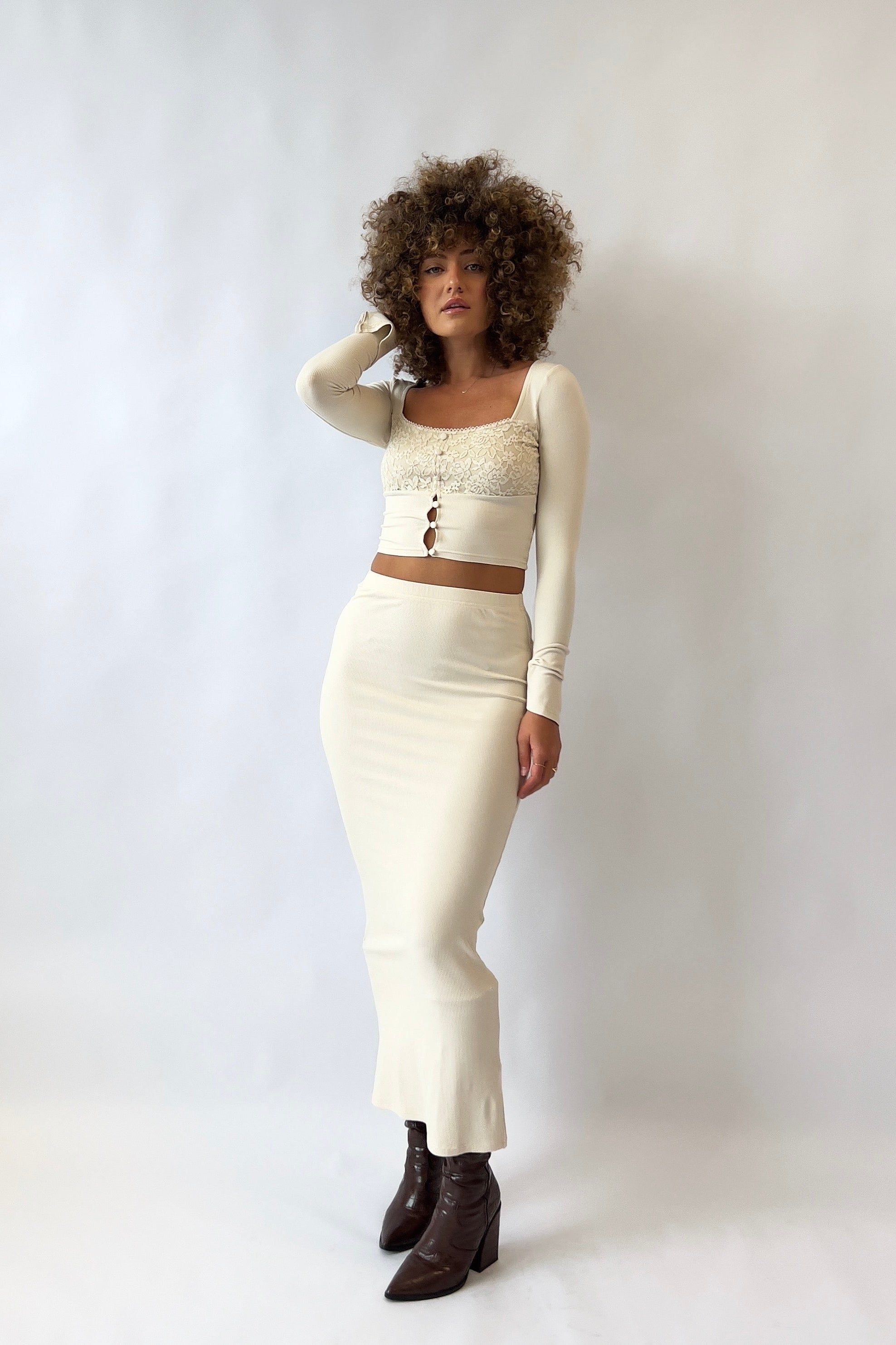 Deborah Midi Skirt - Beige sold by Kameli Boutique