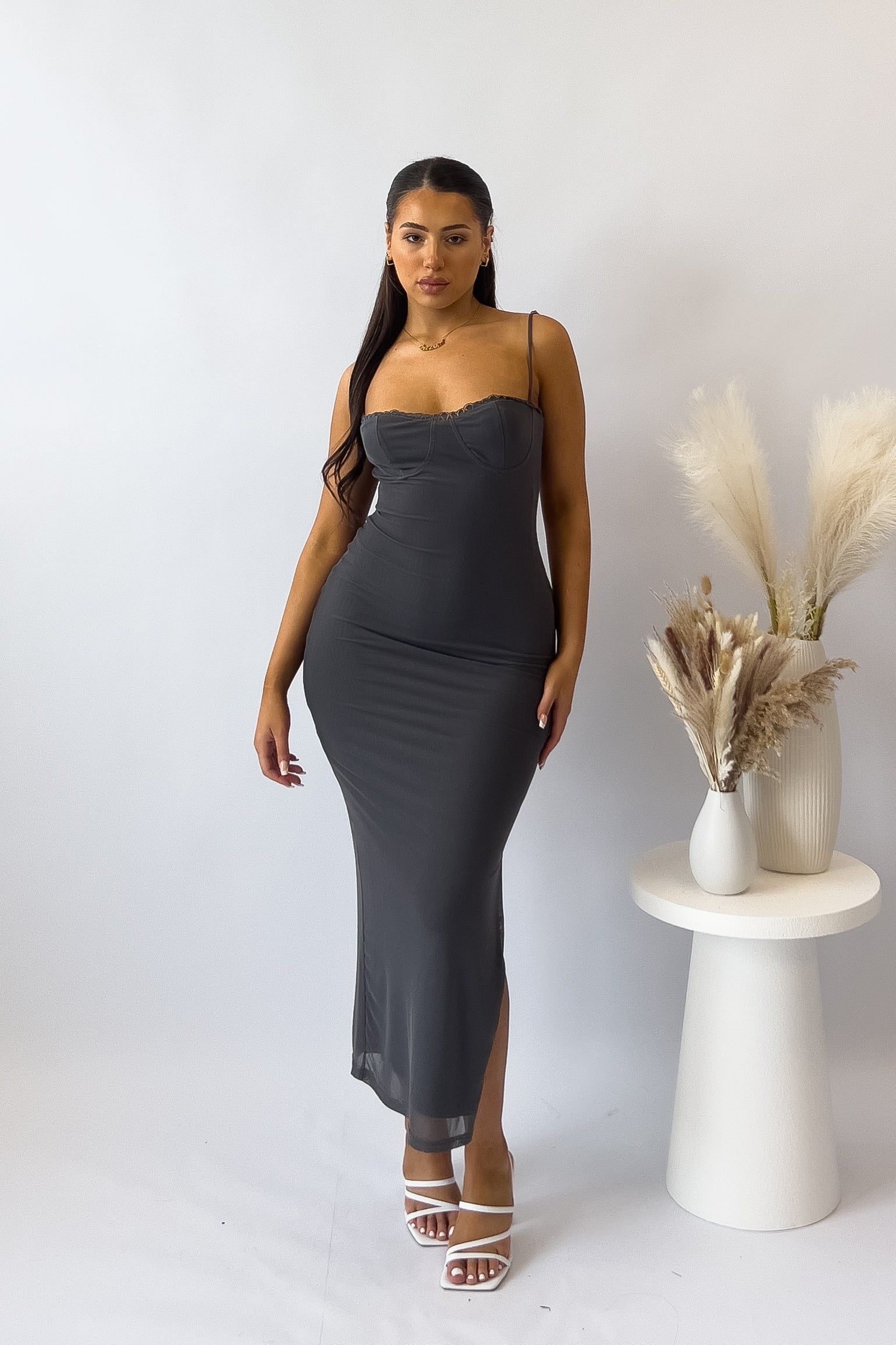 Christa Midi Dress - Grey sold by Kameli Boutique