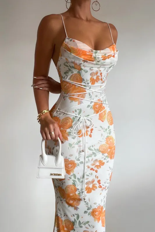 Bloom Floral Maxi Dress - White/Orange sold by Kameli Boutique