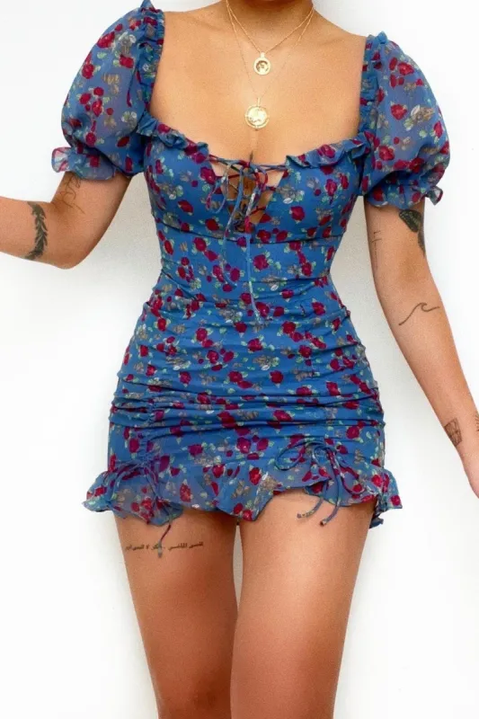 Cherie Floral Mini Dress - Blue sold by Kameli Boutique