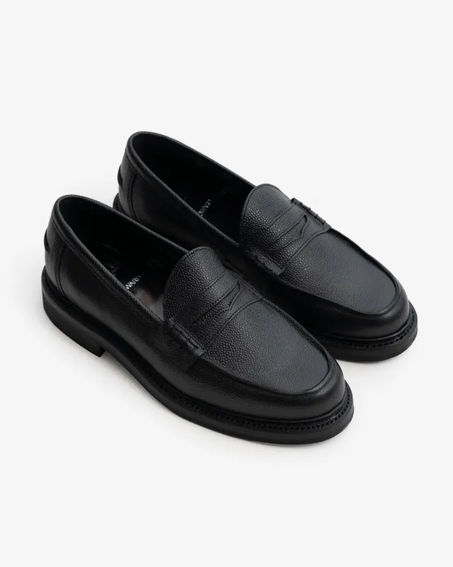 PEACEFUL BEEF ROLL LOAFER - BLACK SCOTCH GRAIN LEATHER sold by James Coward